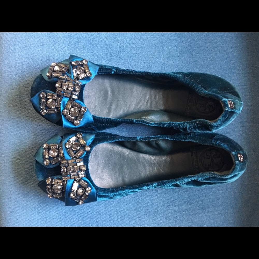 Tory Burch Teal Velvet Jeweled Bow Azalea Flat EUC